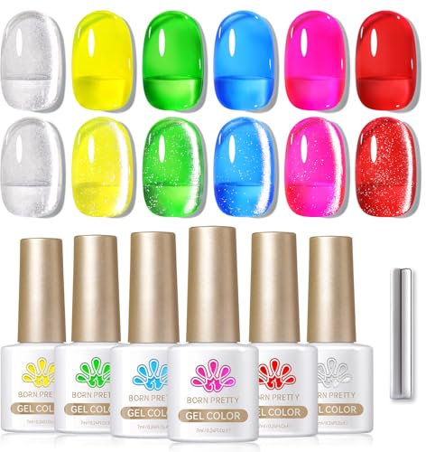 BORN PRETTY Magnetic Jelly Nail Gel Polish Set - 6 Neon and Crystal Colors with Silver, Blue, Green, Red - UV LED Soak Off Manicure Kit