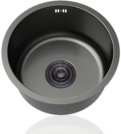 Lavello Cucina 1 Vasca Piccolo Lavandino Cucina Nero Lavelli da Cucina Acciaio Inox Lavabo Rotondo con Set Di Drenaggio,Installazione Appoggio o Sottopiano (Ø 40cm)