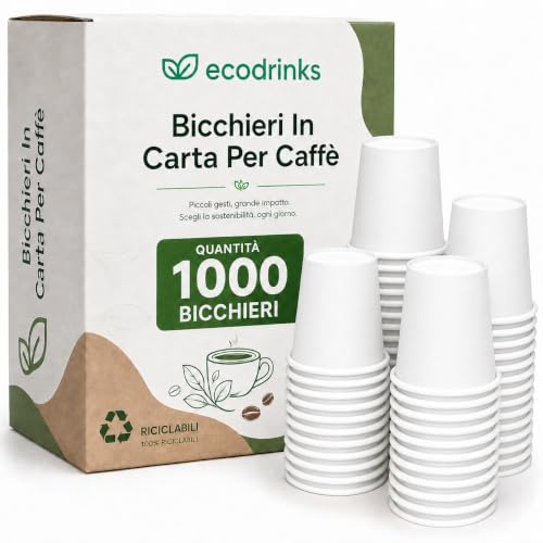 1000 Bicchieri Caffe Carta Da 75ml - Set Bicchierini Monouso per Bevande Calde/Fredde - Biodegradabili, Eco-friendly e Made in Italy, Bianco