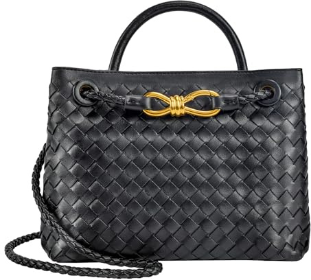 Women's Handmade Woven Top handle Tote Bag Leather Shoulder Handbag Casual Satchel Crossbody Purse, Black