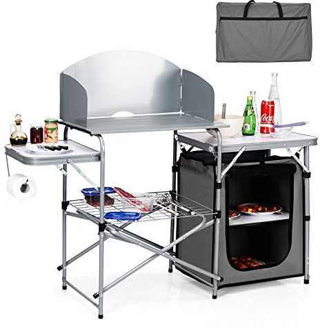 GYMAX Armoire de Camping Pliable avec Cadre en Aluminium, Pare-Brise | Cuisine Extérieure Jardin avec Plan de Travail Spacieux, Étagère à Grille et Sac de Transport, pour Pique-Nique Barbecue