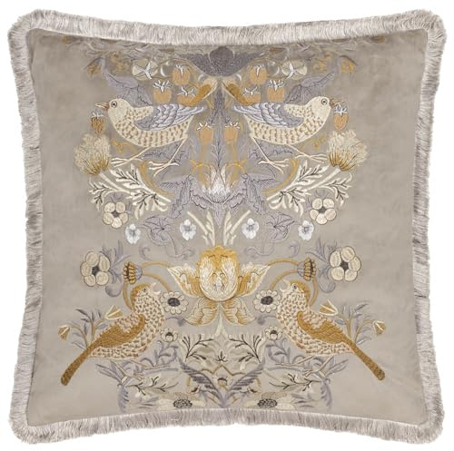Morris&Co. Strawberry Thief Feather Rich Filled Cushion – Piped Embroidered Velvet Pillow with Fringed Trim (Biscuit - 50x50cm)