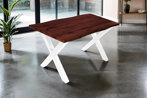 SAM Esstisch Josy | 140 x 80 cm | Holz Nussbaum-Optik | X-Gestell Metall weiß | 40 mm Tischplatte mit Baumkante | Tisch für Esszimmer & Küche