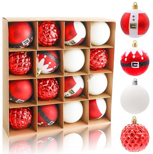 16PCS Red and White Christmas Balls, Santa Claus Theme Christmas Baubles for Tree, Xmas Balls Ornaments Set 2.36 Inch Baubles for Holiday and Party Decor