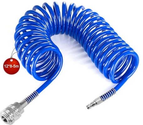 SRJQXH 5m Tuyau Air Comprimé, Spirale Tuyau Compresseur D'air, Diamètre 12x8 mm Flexible Compresseur Air, Bleu, avec Connecteur, pour la Maison, L'atelier, L'atelier de Réparation Automobile