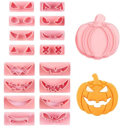 KQOZG Lot de 17 Emporte-Pièces Halloween en Silicone Alimentaire - Formes Citrouille/Fantôme/Chauve-Souris pour Biscuits, Décorations et Accessoires de Pâtisserie (Motif Halloween) (Rose)