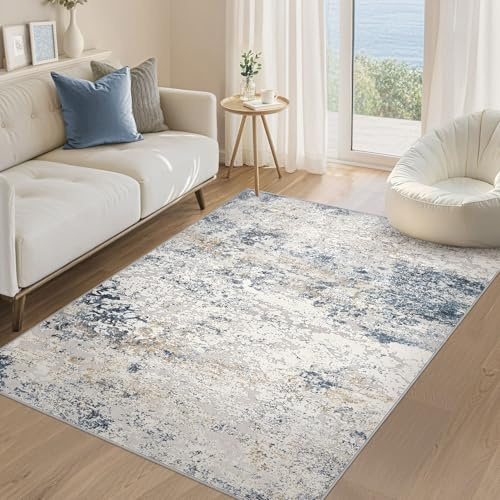 DMOYEST Teppich Wohnzimmer Modern 120x180cm Beige Blau Waschbar | Kurzflor Weich Maschinenwaschbar Rutschfest, Kinder und Haustierfreundlich für Schlafzimmer Esszimmer Büro