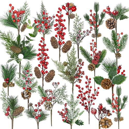 ZONITOK 22 Stück Groß Weihnachtsbeeren Künstliche Tannenzweige mit Roten Beeren Tannenzapfen, Assortiert 20Arten Weihnachts Picks für Bastelgeschenkpicke Winter Blumenpicks Baumkränze Weihnachts