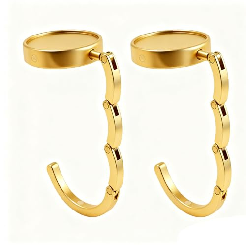 Ucfalfo 2Pcs Handbag Hooks for Tables, Folding Purse Hook Hangers, Portable Zinc Alloy Bag Hanger Table Hook for Handbags, Purses, Backpacks, Anti-Slip Design for Restaurants, Travel (Gold)