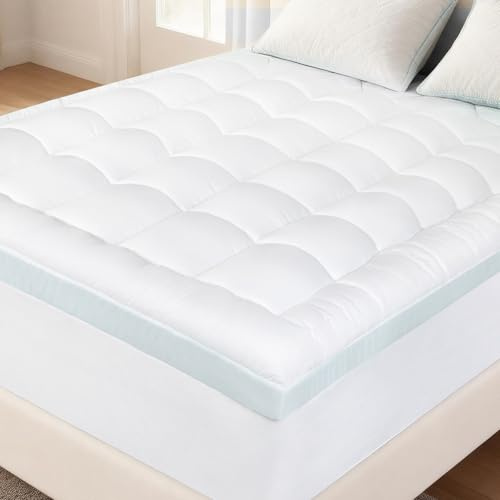 Lavio Gel-Infused Memory Foam Mattress Topper Kingsize Bed, Deep Pocket Mattress Cover Pad with Removable Washable Cover, 150x200x7cm, White