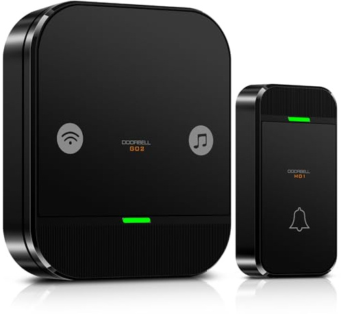 Sonnette Sans Fil Exterieur Etanche, Doorbell avec Récepteur Émetteur, 60 Mélodies, 4 Niveaux Volume, LED, 300M Longue Portée Sonette pour Maison, Appartement, Bureau (1x émetteur 1 x récepteur)
