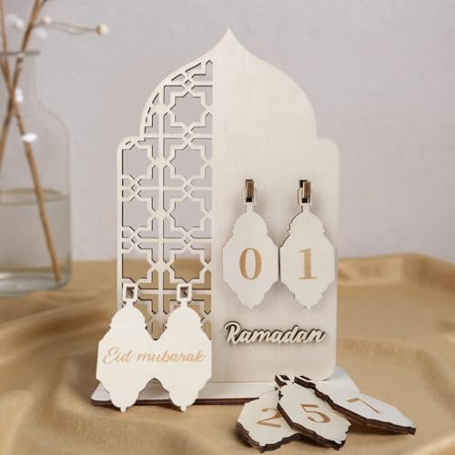 ARTREE Calendario Ramadan in legno – Riutilizzabile conto alla rovescia Calendario dell'Avvento & Eid Mubarak Decorazione – Calendario Ramadi fai da te con numeri intercambiabili per bambini e