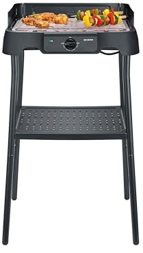 Severin Elektrogrill mit Standfuß, einstellbare Temperatur 35-200 Grad Celsius, schnelles Aufheizen, 38x22cm, Tischgrill mit Auffangschale, Edelstahl-Grillrost, Balkongrill, 2000W, schwarz, PG 8594