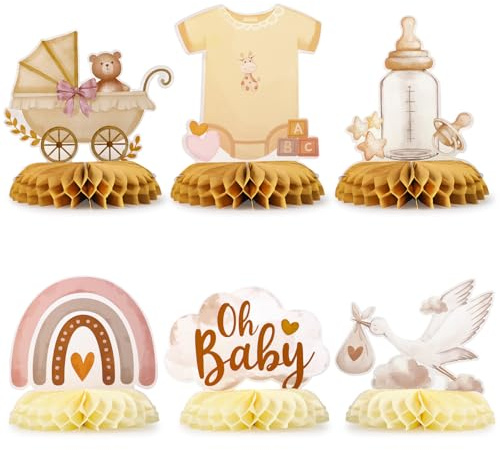 COMOOKA 6x Baby Tischaufsteller mit Storch Geburt Babyparty Deko Neutral | Willkommen Zuhause Baby Deko, Bienenwaben Mittelstück, Babyshowerparty Deko, Babyparty Tischdeko für Mädchen & Junge