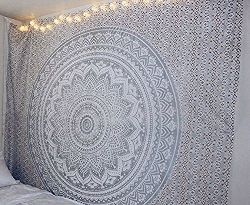 raajsee Indisch Wandteppich Mandala Weißsilber, Boho WandDeko, Aesthetic Room Décor, Wandtuch Mandala, Wandbehang Psychedelic 208X232 CM