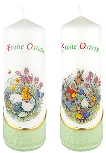 Meissner-Handel Auswahl * 2 Stück Osterkerze Stumpenkerze Osterdeko * 6 x 18 cm * mit farbigen Wachs- und Bildauflagen * Auswahl Motiv + Farbe * grün * (Serie 2 - Set 06/-2)