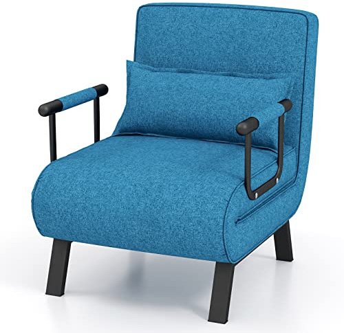GIANTEX Sillón plegable con reposabrazos y almohada, respaldo ajustable en 5 niveles, sofá plegable, sillón funcional (azul)