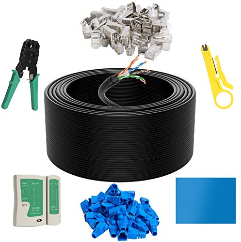 Cat6 Outdoor Ethernet 300 Feet with Tool Kit, Heavy Duty Network Internet Cord, Supports Cat 6 Cat5e Cat5 Standard, UTP, CCA, Waterproof, PVC & LLDPE UV Double Jackets, in Wall, Direct Burial, POE