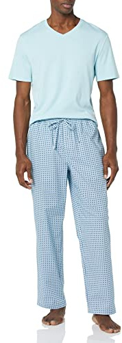 Amazon Essentials Set Pigiama con Pantaloni in Popeline di Cotone Elasticizzato e T-Shirt in Jersey di Cotone Uomo, Blu Chiaro Stampa Disegni Geometrici, 3XL