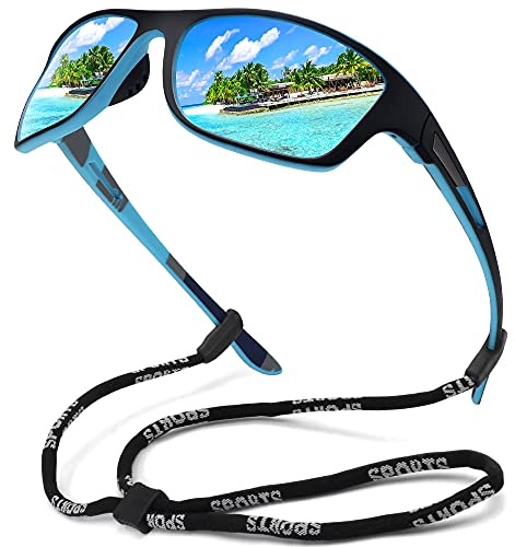 MEETSUN Occhiali da sole sportivi polarizzati per uomo Pesca Ciclismo Baseball Corsa e guida Protezione UV400 Montatura nera-Lente specchiata blu