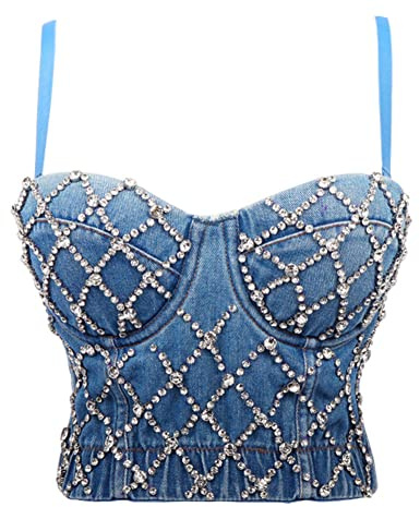 YAOTT Lingerie Bustini Corsetti Top a tubo con Strass di jeans da donna Canotta Corta Corsetto Punk Bustino con Paillettes Diamante Top Corto con Reggiseno Intimo Gilet con cinghie regolabili Blu L