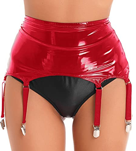 TiaoBug Damen Wetlook Strumpfgürtel Lack Leder Strapsgürtel mit Strumpfhalter Befestigung Clips Clubwear Rot 3XL