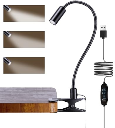JHD Led Desk Lamp with Clamp - 10 Brightness Levels, 12 Flexible Gooseneck,Eye Protection USB Lamp - Suitable for Home Office, Reading, Bed Light,Quality Black Metal Clamp Light,Headboard Lamp
