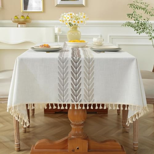 Pahajim Tischdecke Rechteckig Baumwolle Leinen Tischtuch Abwaschbar Wasserdicht Quasten Design für Küche, Esszimmer, Outdoor, Garten Tischdekorationen(Beige,140x220cm)