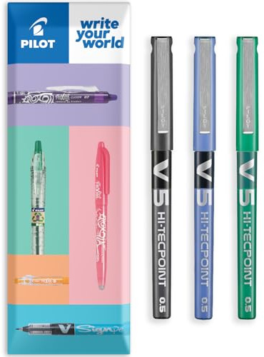 PILOT V5 Hi-Tecpoint Tintenroller, feine 0,5 mm Spitze, Strichbreite 0,3 mm, 3 Stück, in Umschlag-Geschenkverpackung, Schwarz, Blau und Grün