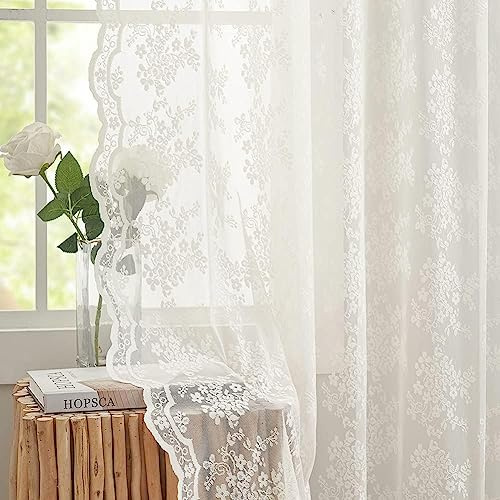 YJ Yanjun Spitzen-Café-Vorhänge, 114,3 cm Länge, Landhaus-Blumenmuster, kurz, Voile, durchsichtig, Küchengardine, Sichtschutz, Badezimmer, Fenstervorhänge, 132 x 114 cm, Elfenbeinfarben, 2 Stück