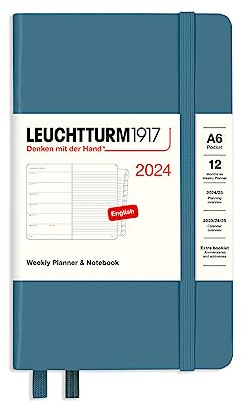 LEUCHTTURM1917 367745 Wochenkalender & Notizbuch Pocket (A6) 2024, 12 Monate, Stone Blue, Englisch