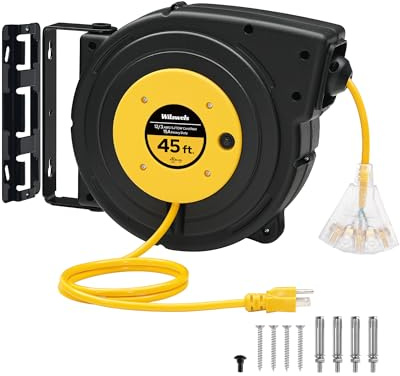WILAWELS - Retractable Extension Cord Reel, 45ft Heavy Duty Power Cord, 12AWG/3C SJTOW, 3 Lighted Outlets with Triple Key for Ceiling/Wall Mount, Circuit Breaker
