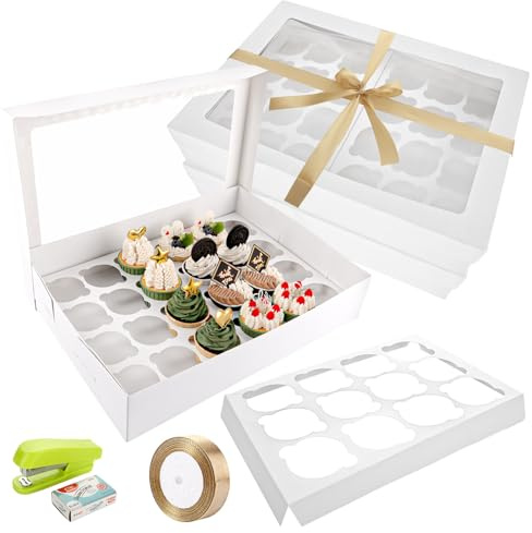 VIDETOL 10 Stück Cupcake Box, 24 Löchern Cupcake Transportbox, Weiß Tortenbox, Kuchen Transportbox, Muffin Box mit Sichtfenster, Muffin Transportbox für Desserts und Cupcakes