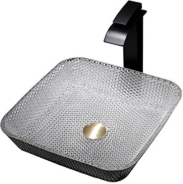 TEmkin Glas-Waschbecken, quadratisches Badezimmer-Waschbecken, künstlerisches Waschbecken, Aufsatzwaschbecken mit schwarzem Wasserfall-Wasserhahn, Pop-Up-Ablauf-Kombination, Montagering (Silber)