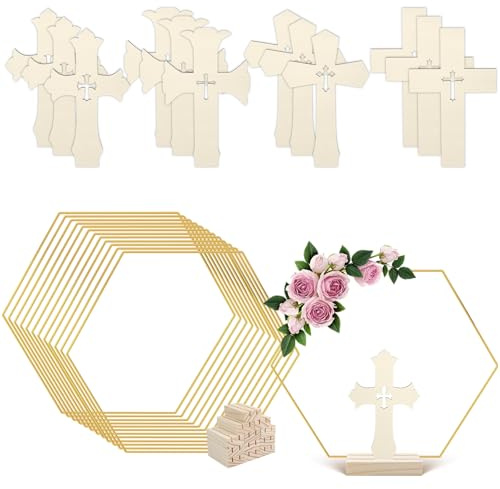 HSDSH Lot de 24 centres de table de baptême pour table de première communion, 12 croix en bois debout pour travaux manuels, 12 cerceaux hexagonaux floraux en métal avec support pour fête, mariage,