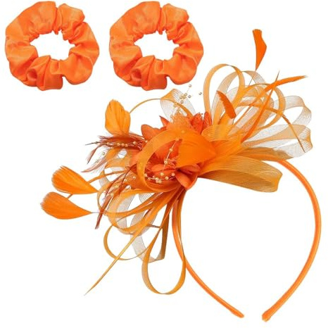 1 st orange fjäderpannband, 2 stycken orange hårband, orange brudfrisyr, bröllopshatt för kvinnor