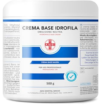 AIESI® Crème Base hydrophile (500 g), Crème hydratante restructurante pour le visage et le corps idéale pour peau sèche, Usage pharmaceutique, cosmétique et dermatologique, Made in Italy