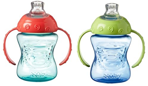 Nuby Grip N Sip – Tasse d’apprentissage avec poignée | Bec souple antifuites | 240ml | Bleu et Vert | + 4 mois | 2 Pack