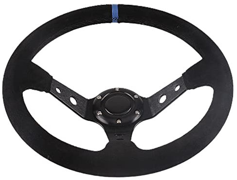 Sportlenkrad 14inch 350mm Auto Racing Lenkrad Tiefen Trupping Wildleder Universalstil Sport Lenkrad mit Hornknopf Holzlenkrad(Black with Blue)