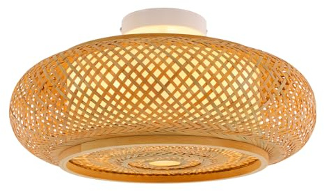 Konfiur Bambus Deckenlampe, Led Deckenleuchte E27 220V Rattan Lampe 40x14cm Rattan Lampenschirm, Hängeleuchte mit 3 Glühbirnen, für Schlafzimmer Wohnzimmer Flur, Gelb