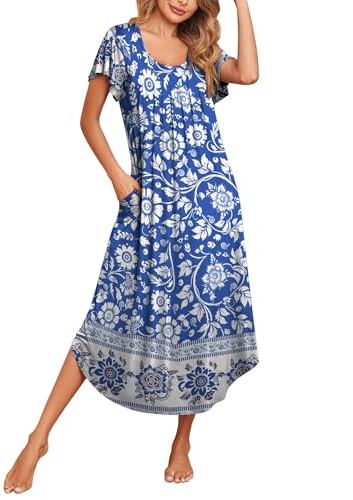 Ekouaer Long Nightgowns for Women with Pockets Short Sleeves Moo Moos for Women Casual House Dresses Bohemian Blue L