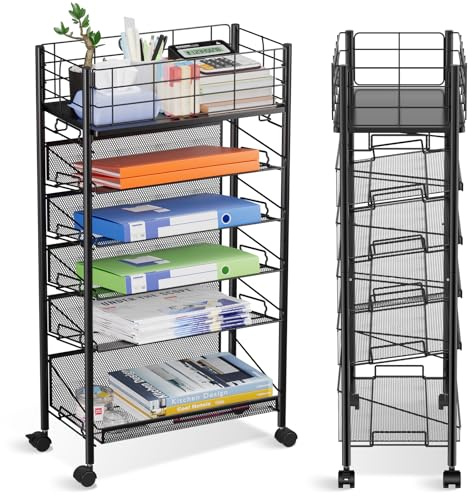 6 Tier Metal Mesh File Trolley with Lockable Wheels, Slim Rolling File Cart Desk Side Organiser, Mobile Book Storage Cart for Home Office Dorm School Classroom Teacher Library Black
