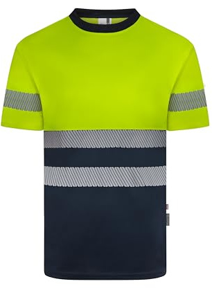 Velilla 305633; Camiseta Poliéster Reciclado Bicolor Manga Corta Cinta Segmentada; Color Azul Navy y Amarillo Flúor; Talla L