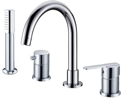 Badewannenarmatur Chrom Wannenrandarmatur 4 Loch mit Handbrause Und Duschschlauch 360°Drehbar Mischbatterie Badewanne