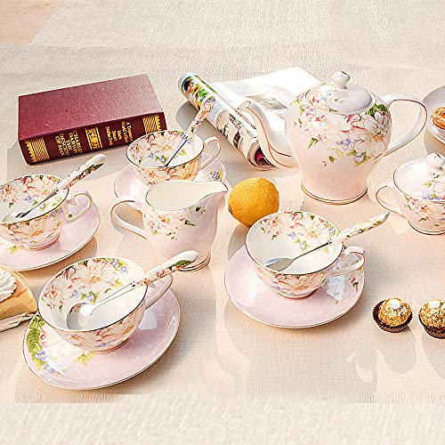 KWMAEEUID Juego de Taza y platillo de café de 15 Piezas, Juego de té de Porcelana, Juegos de té para Adultos, Taza de café de Porcelana de Hueso, Regalo de Boda, Rosa (Azul)