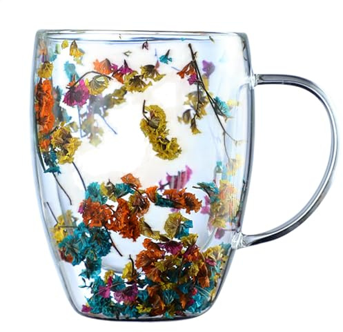 Tazza da caffè in vetro con fiori secchi, 350 ml, tazze in vetro a doppia parete con fiori secchi, tazza da caffè a doppia parete con fiori secchi, tazza in vetro a doppia parete con manico