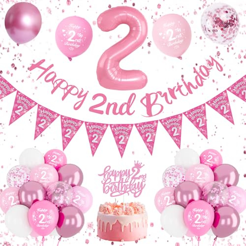 Deko 2. Födelsedagsflicka, ballong 2 rosa, födelsedagsdekoration flicka 2 år, rosa vita ballonger, 2. Banner ballong 2. Födelsedag nummerdekoration