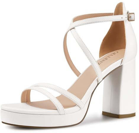 CELLENZ Women Strappy Platform Heels: 3.4 Inch High Heels White Size 6.5
