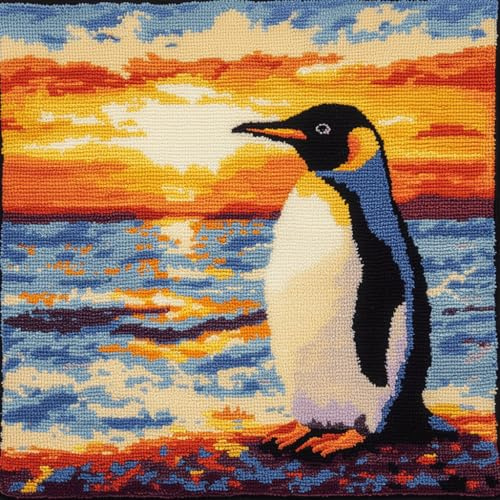 Henypt Knüpfkissen Set Latch Hook Kissen Kit Knüpfteppich Knüpfpackung Set, Sofakissenbezug,DIY Kissen Knüpfset Mit Anleitung 43X43cm(Pinguine am Strand)