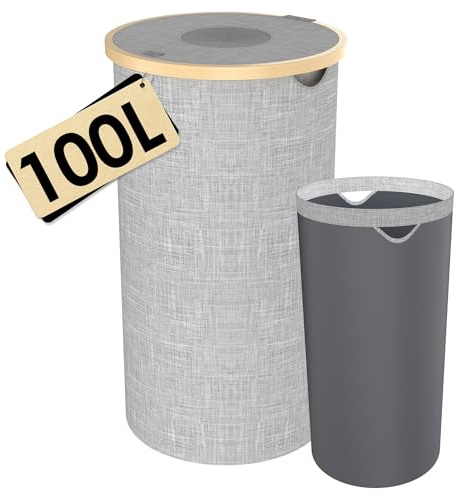 Suusolny 100L Pfandflaschen Sammelbehälter Rund mit Deckel & Tragetaschen Leergut & Altglas Aufbewahrung Pfandbehälter mit Einwurf Flaschen organizer Flaschensammler Sammelbehälter - Grau
